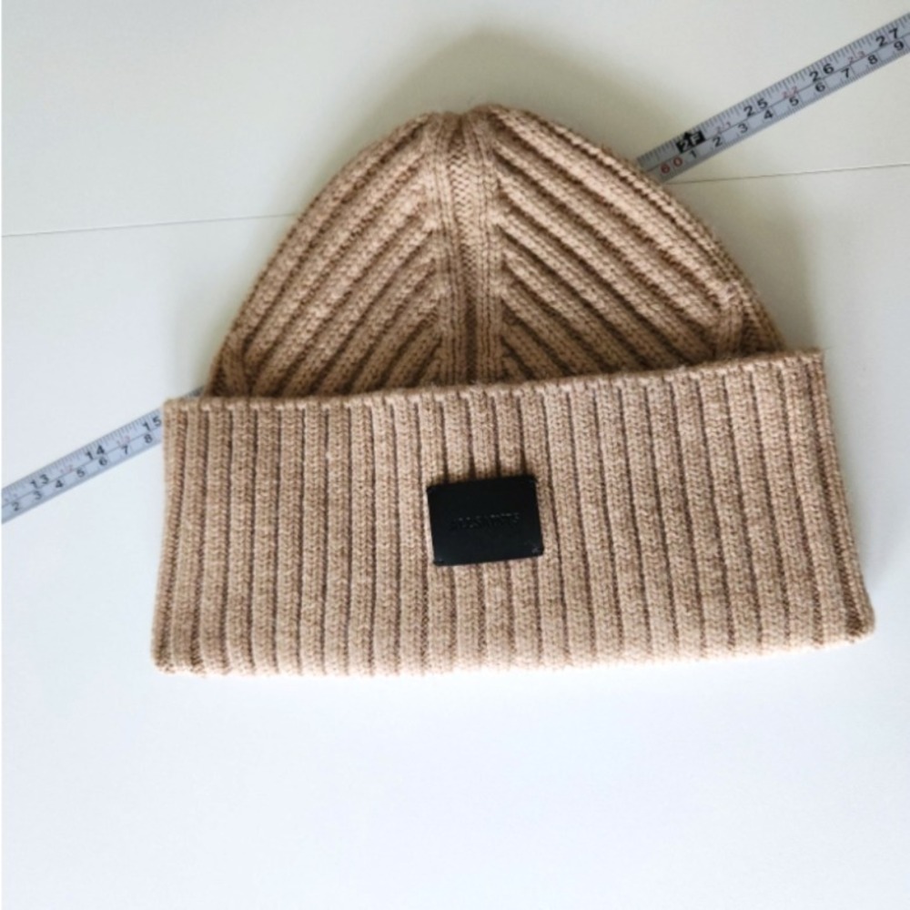 All Saints Men's Traveling Rib Cuff Beanie Hat with Logo Patch Beige Brown Wool